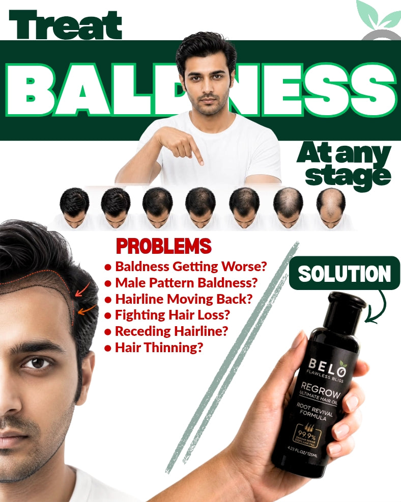 Belo promotional graphic showing hairline illustrations and a hand holding the bottle.