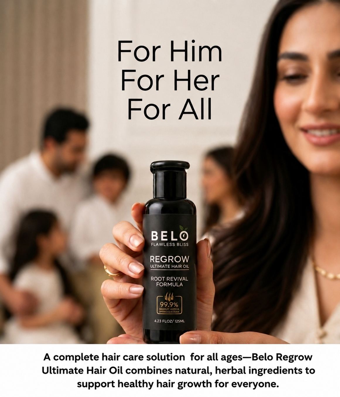 Woman holding a Belo Regrow Ultimate Hair Oil bottle, with a family in the background.